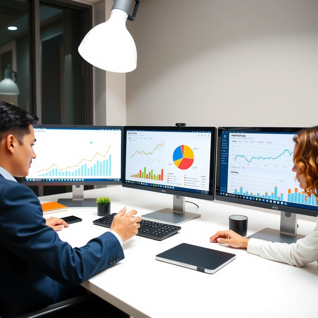 Marketing strategy planning session with data analysis charts