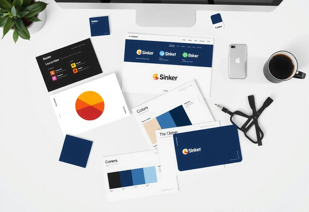 Creative branding design process with color palettes, typography samples, and brand mockups on designer's workspace