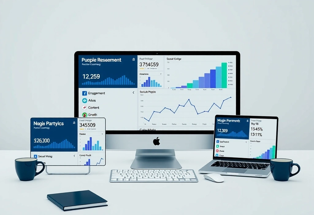 Social media marketing dashboard showing engagement metrics across multiple platforms like Instagram, Facebook, and LinkedIn