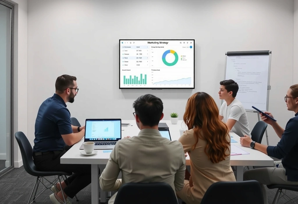 Strategic planning session with marketing professionals analyzing market data and developing digital roadmaps
